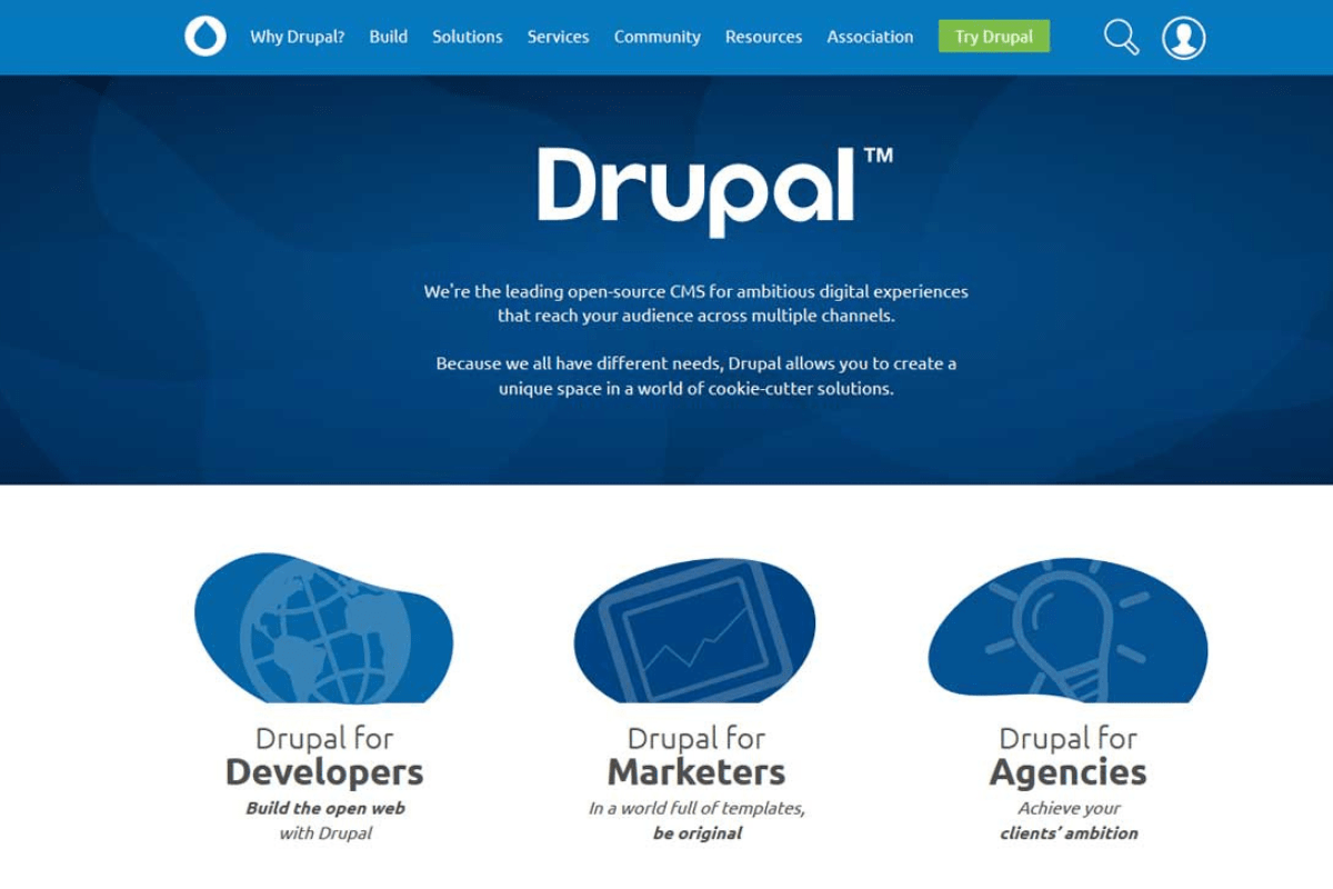 Drupal: Principais CMSs do mercado Site mostrando Principais CMSs do mercado em inglês na ferramenta Drupal