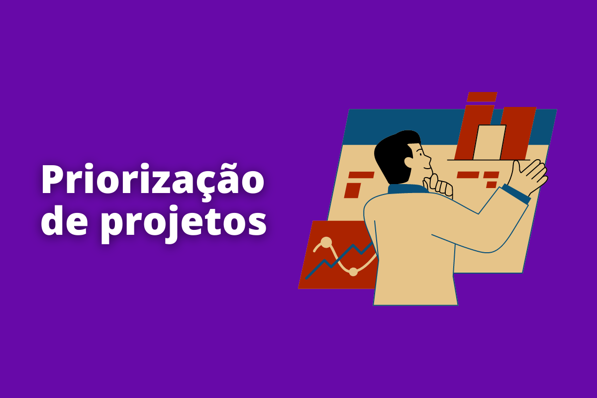 Montagem com fundo roxo e frase Priorização de projetos em branco com símbolo web à direita que representa o tema