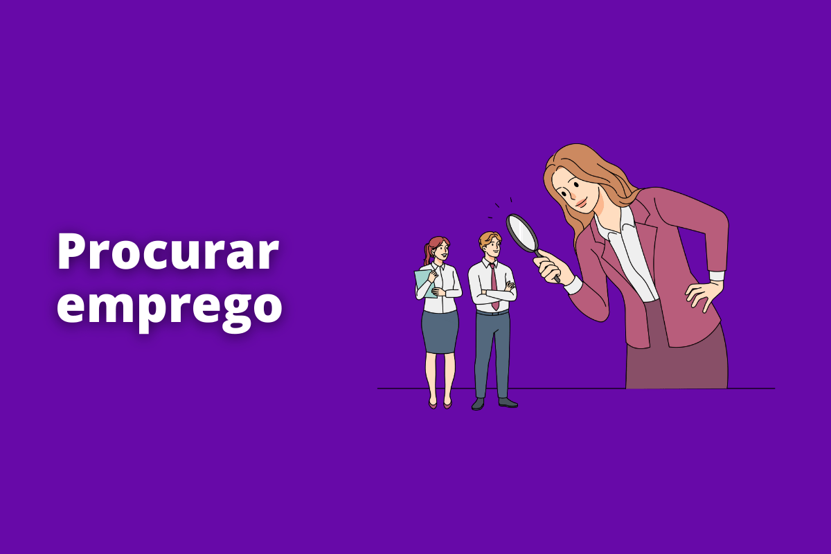 Montagem com fundo roxo e frase Procurar emprego em branco com símbolo web à direita que representa o tema