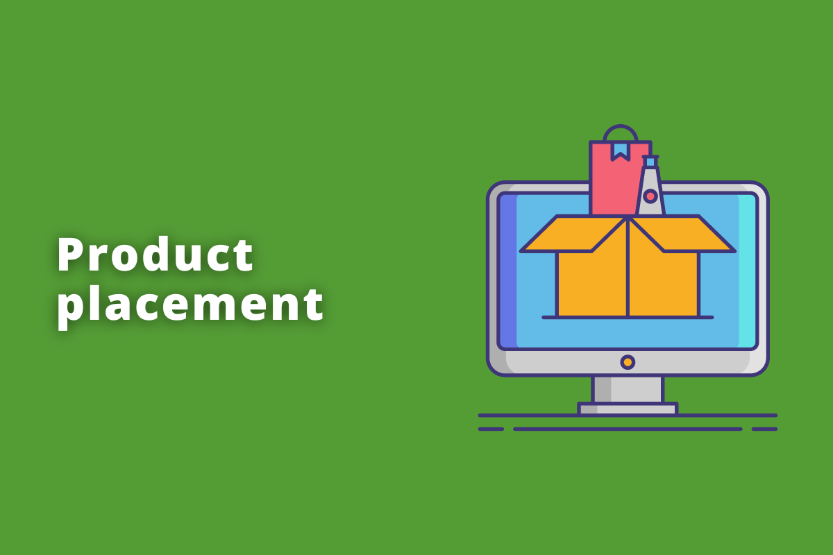 Montagem com fundo verde e frase Product placement em branco com símbolo web à direita que representa o tema