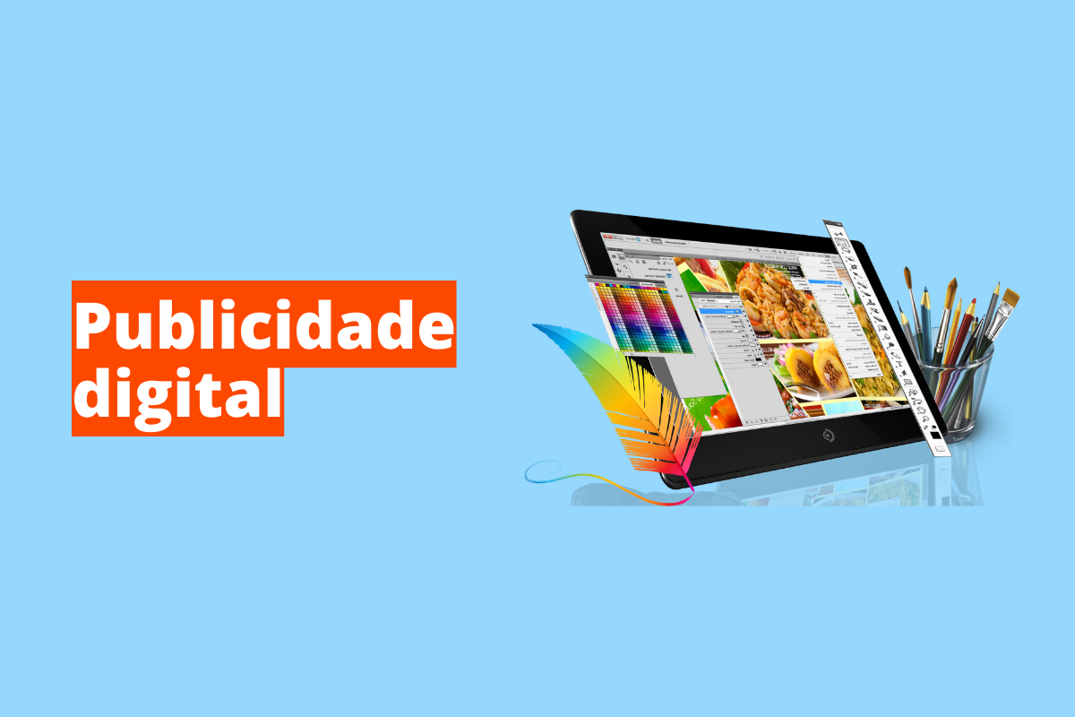 Montagem com fundo azul e frase Publicidade digital à esquerda com fundo laranja e símbolo web que representa o tema à direita