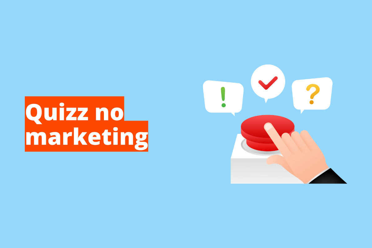 Montagem com fundo azul e frase Quizz no marketing à esquerda com fundo laranja e símbolo web que representa o tema à direita