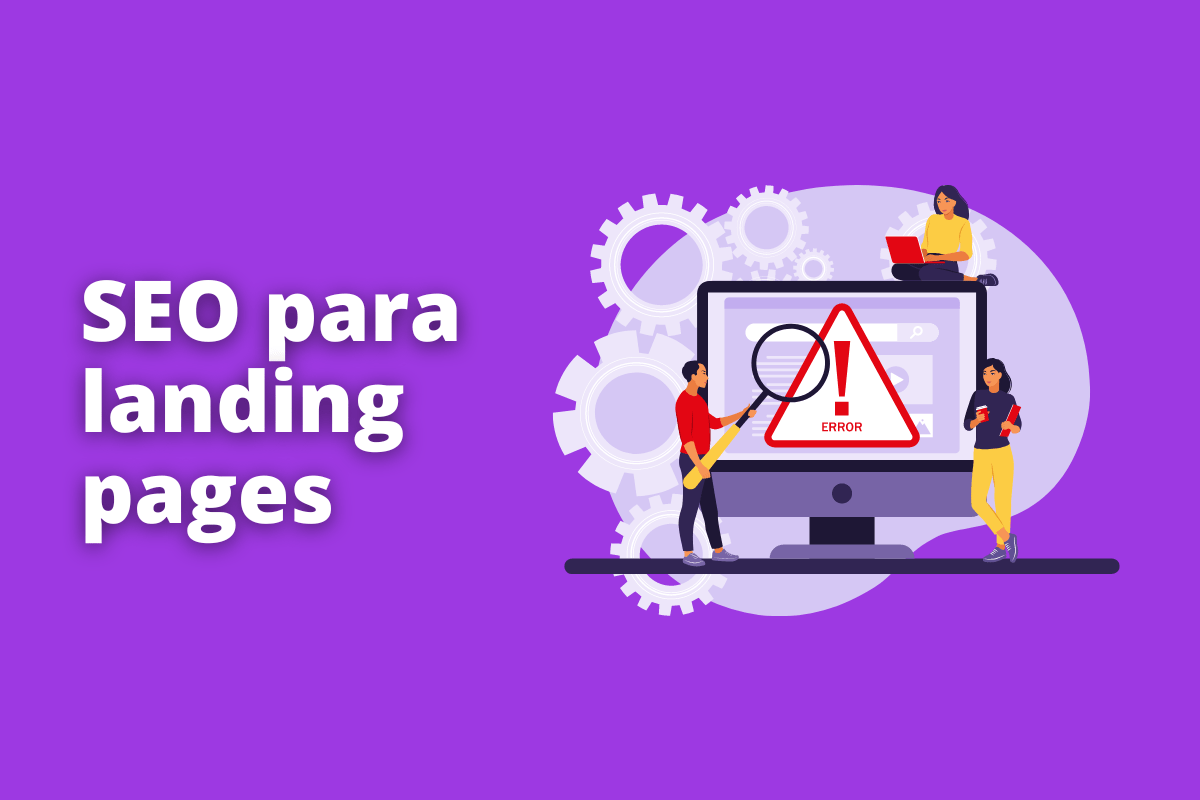 Montagem com fundo lilás e frase SEO para landing pages em branco com símbolo web à direita que representa o tema