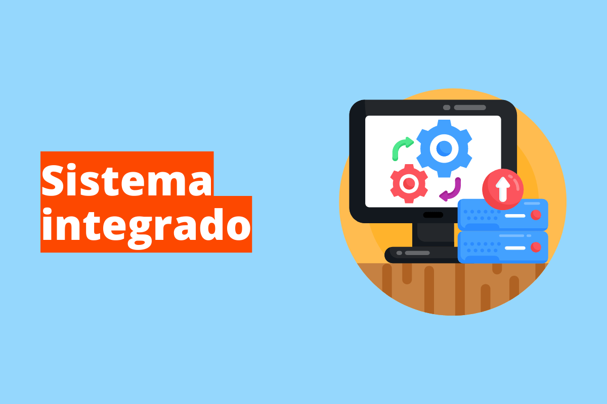Montagem com fundo azul e frase Sistema integrado à esquerda com fundo laranja e símbolo web que representa o tema à direita