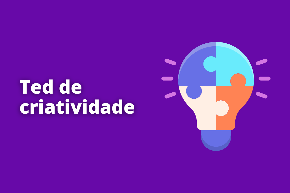 Montagem com fundo roxo e frase TED de criatividade em branco com símbolo web à direita que representa o tema