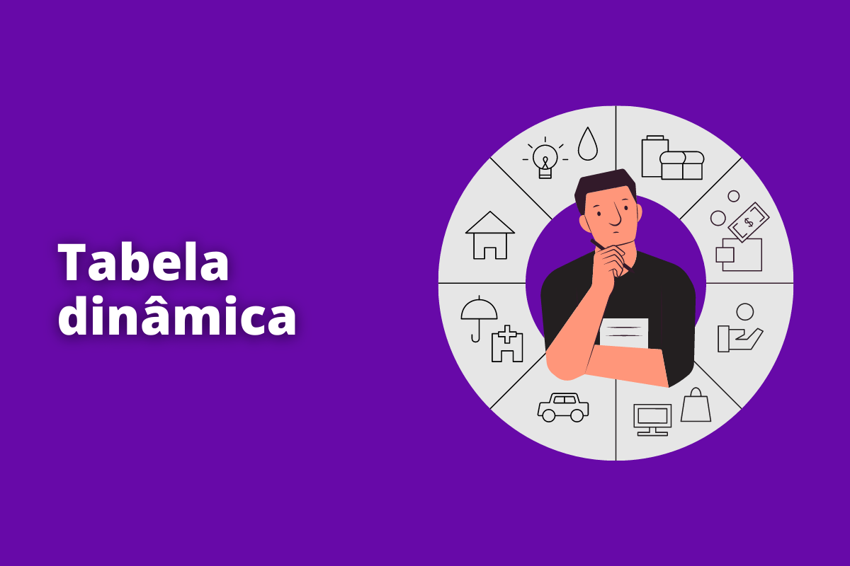Montagem com fundo roxo e frase Tabela dinâmica em branco com símbolo web à direita que representa o tema