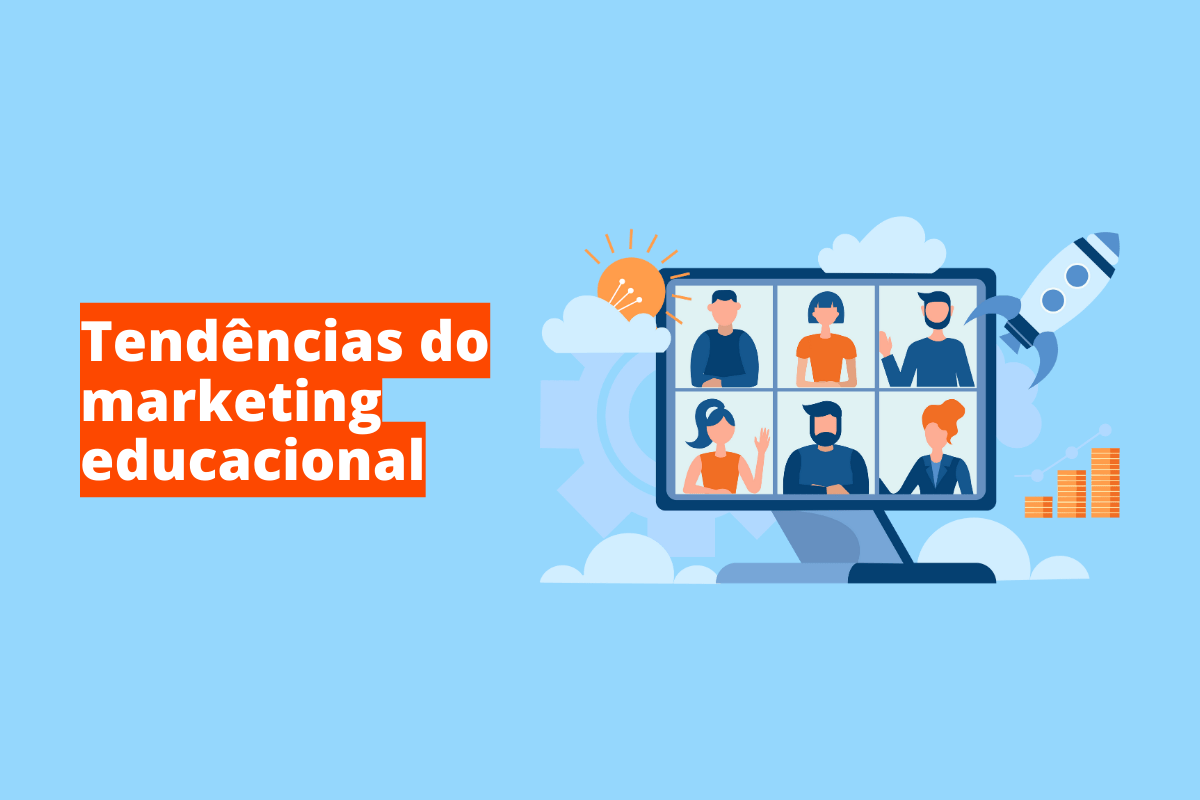 Montagem com fundo azul e frase Tendências do marketing educacional à esquerda com fundo laranja e símbolo web que representa o tema à direita