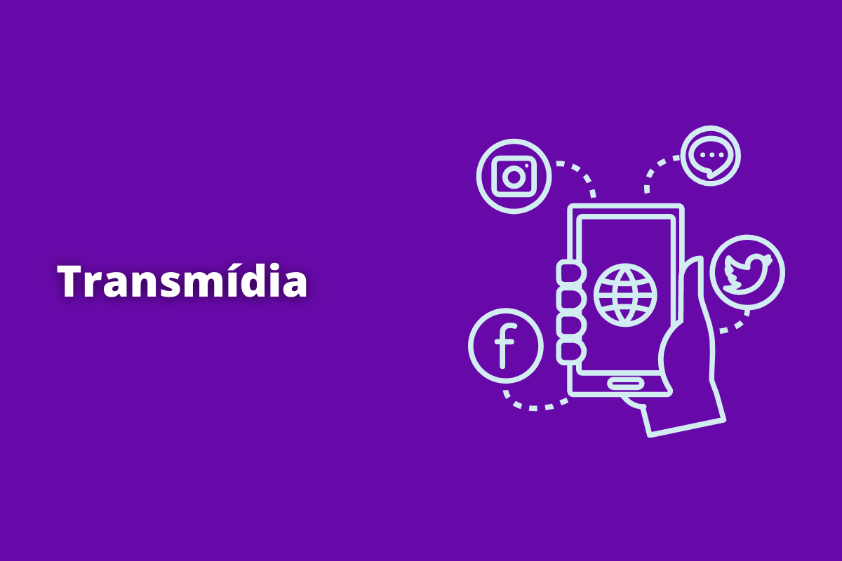 Montagem com fundo roxo e termo Transmídia em branco com símbolo web à direita que representa o tema