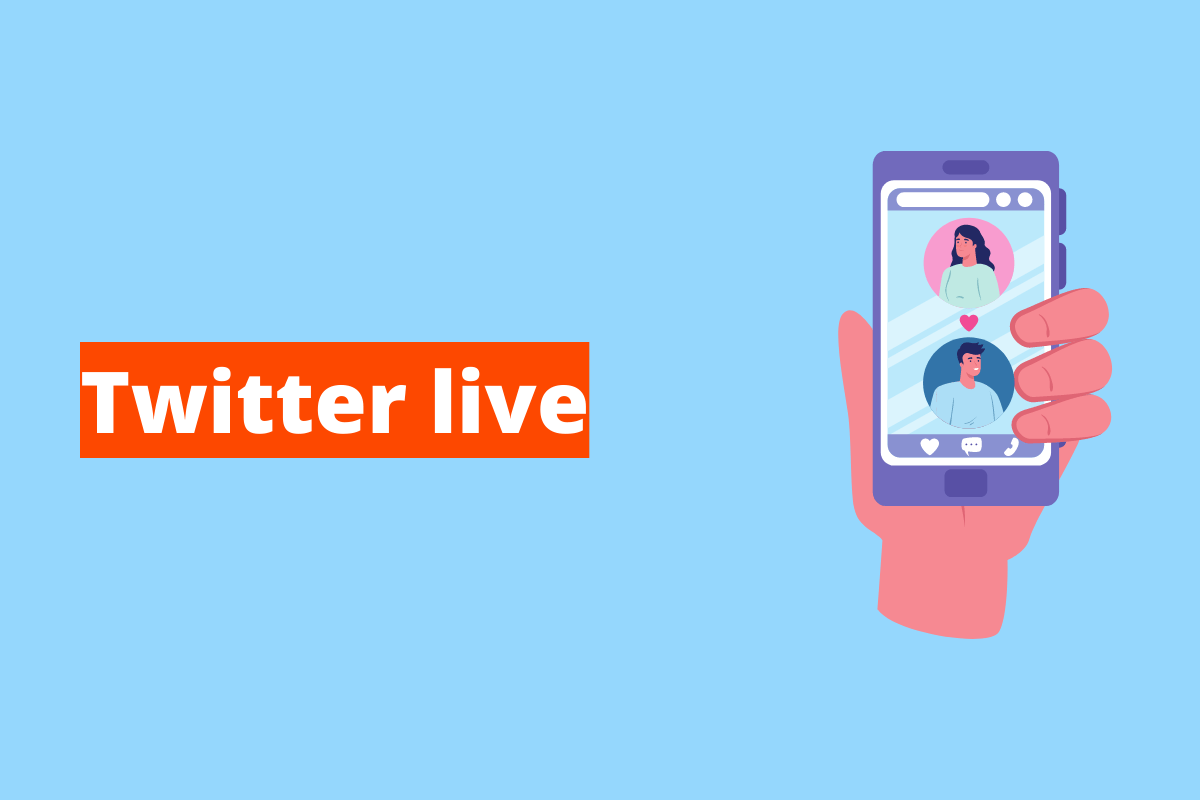 Montagem com fundo azul e frase Twitter live à esquerda com fundo laranja e símbolo web que representa o tema à direita