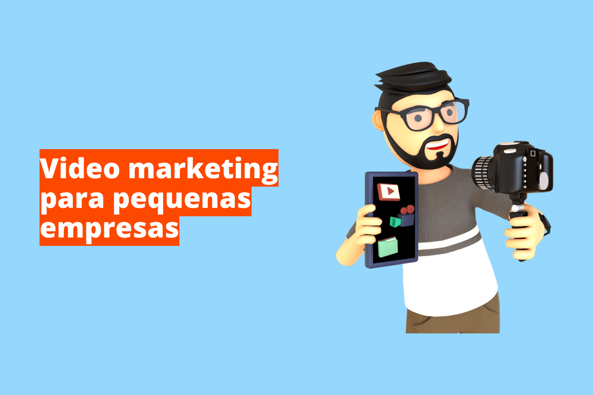 Montagem com fundo azul e frase Vídeo marketing para pequenas empresas à esquerda com fundo laranja e símbolo web que representa o tema à direita