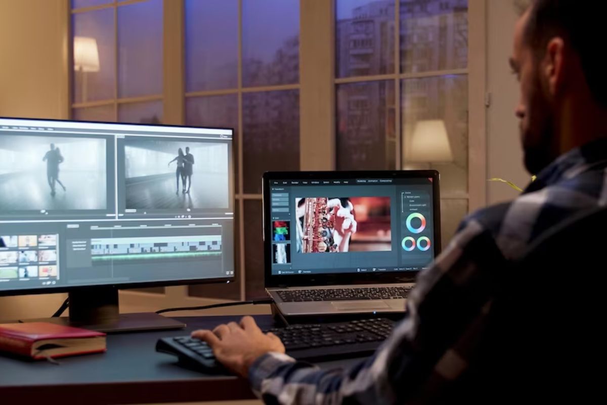 Homem trabalhando em edição de Vídeos animados para empresas usando notebook sobre mesa preta ao lado de grande monitor auxiliar