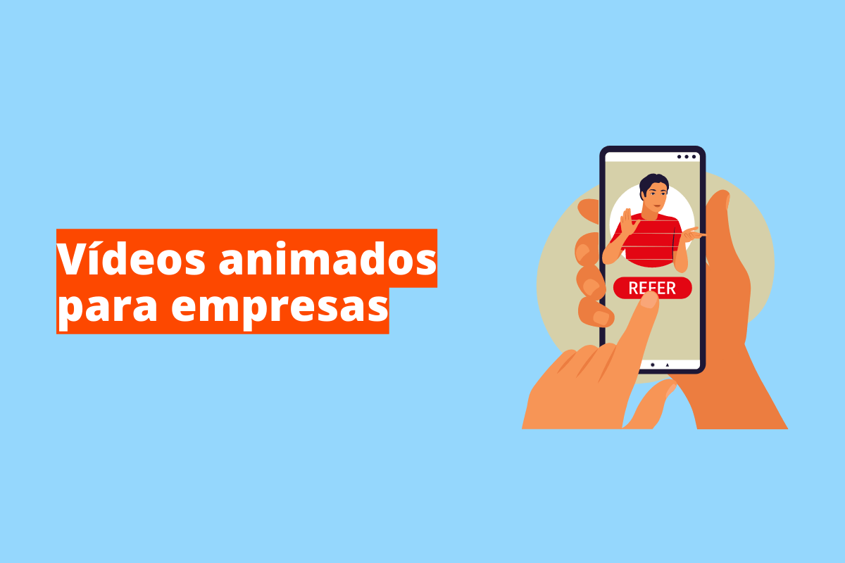 Montagem com fundo azul e frase Vídeos animados para empresas à esquerda com fundo laranja e símbolo web que representa o tema à direita
