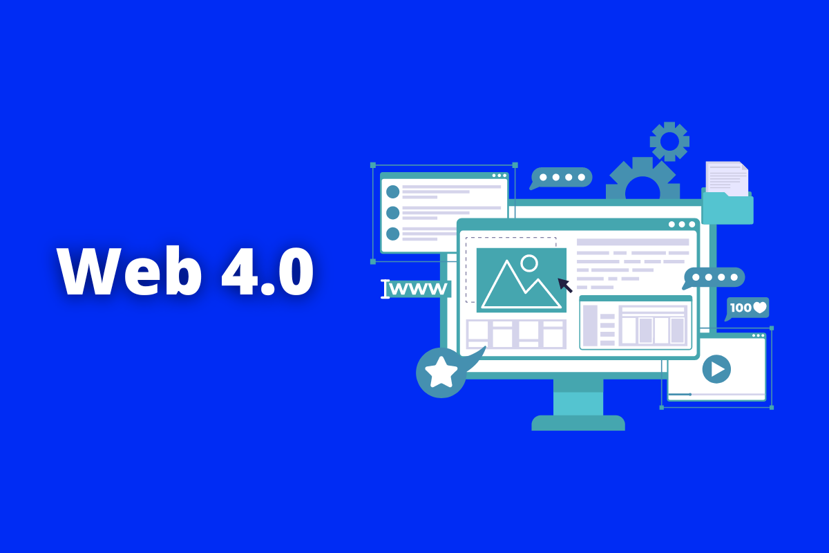 Montagem com fundo azul e termo Web 4.0 em branco com símbolo web à direita que representa o tema