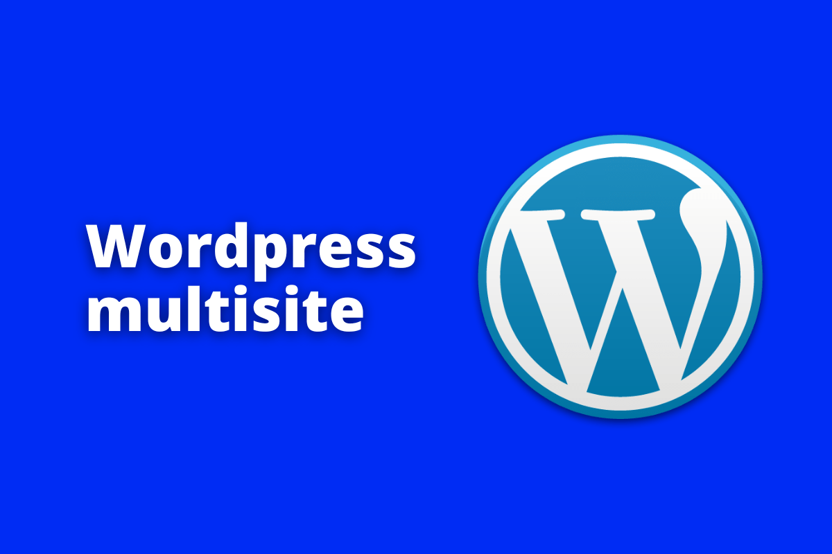 Montagem com fundo azul e frase WordPress Multisite em branco com símbolo web à direita que representa o tema