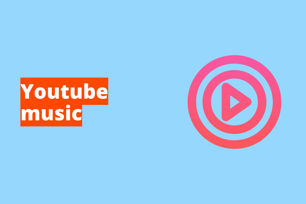 Montagem com fundo azul e nome do app YouTube Music à esquerda com fundo laranja e símbolo web que representa o tema à direita