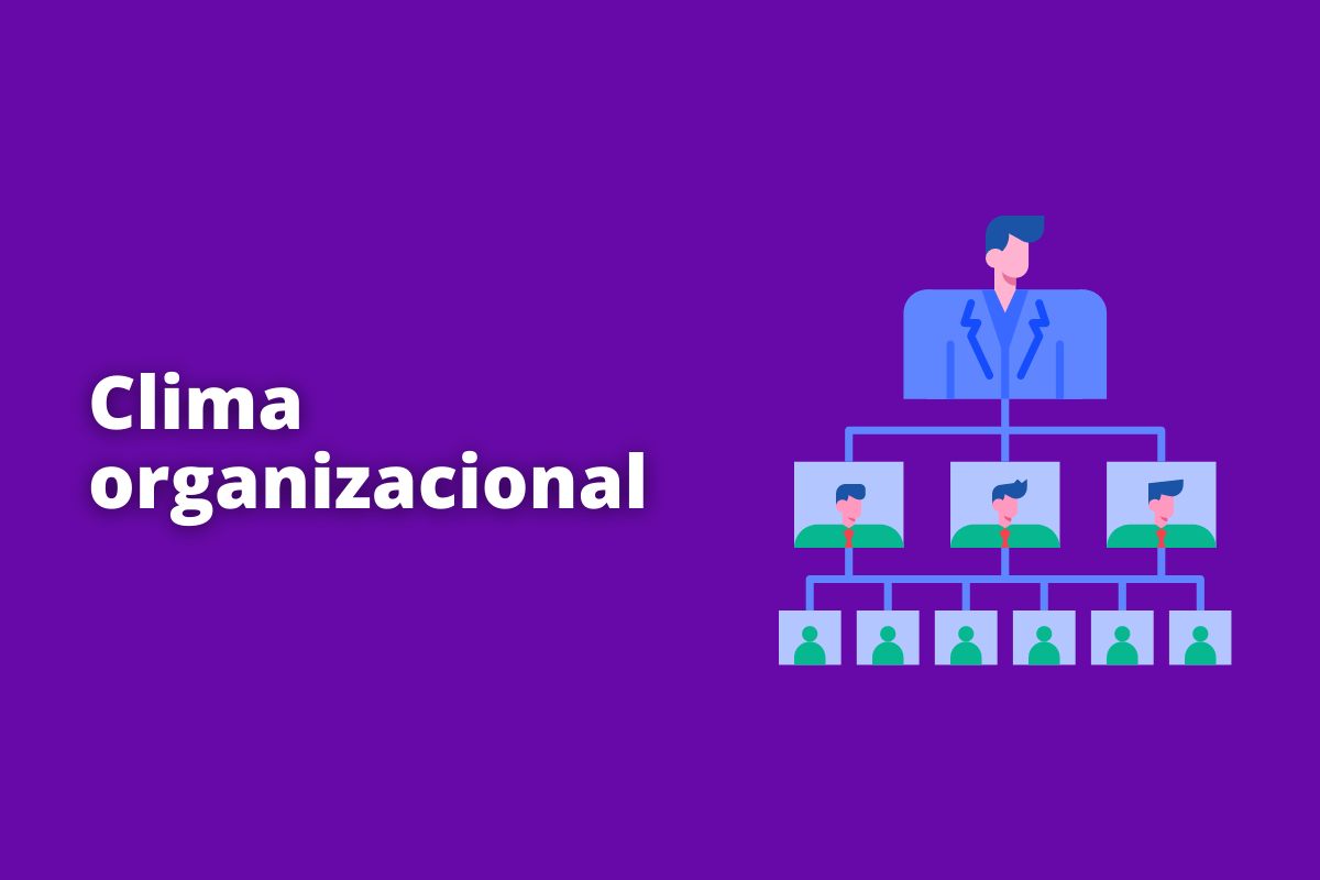 organograma com funcionários de uma empresa. O fundo da da imagem é roxo e tem-se escrito clima organizacional
