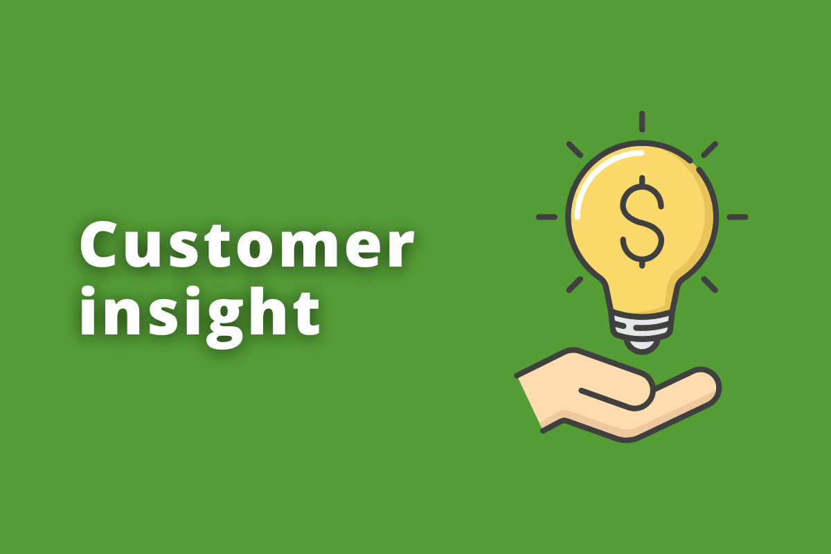 mão com uma lâmpada em cima dela. O fundo da imagem é verde e tem-se escrito customer insight