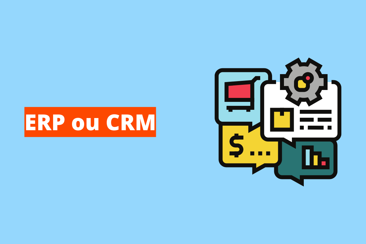 vários balões remetendo a temas de marketing. O fundo da imagem é azul e tem-se escrito erp ou crm