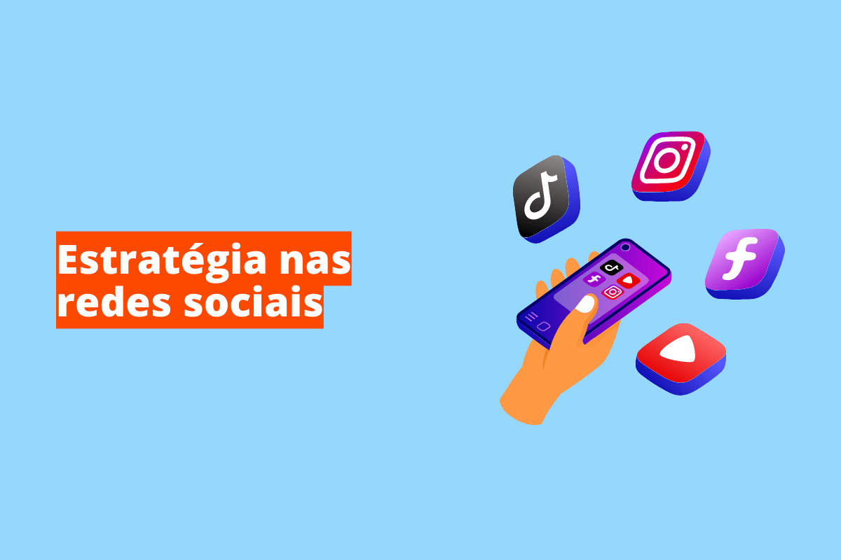 estratégia nas redes sociais: o fundo da imagem é azul e tem se escrito estratégia nas redes sociais