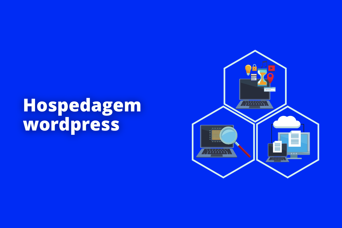 hospedagem wordpress: o fundo da imagem é azul e tem se escrito hospedagem wordpress