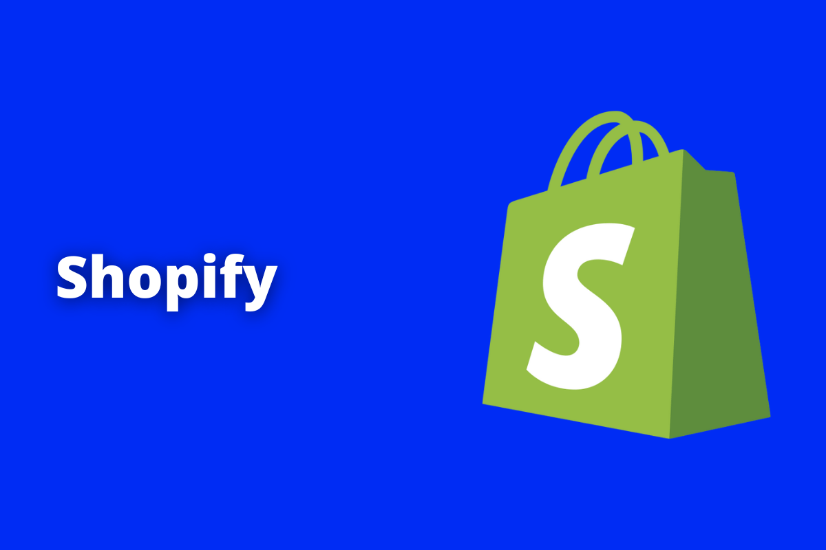 shopify : o fundo da imagem é azul e tem se escrito shopify