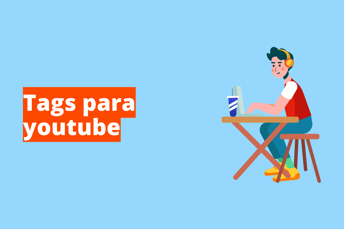 homem sentado em uma mesa, vendo vídeo no laptop. O fundo da imagem é azul e tem-se escrito tags para youtube
