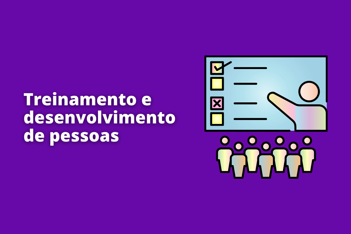 bonecos encarando um cartaz gigante. O fundo da imagem é roxo e tem-se escrito treinamento e desenvolvimento de pessoas