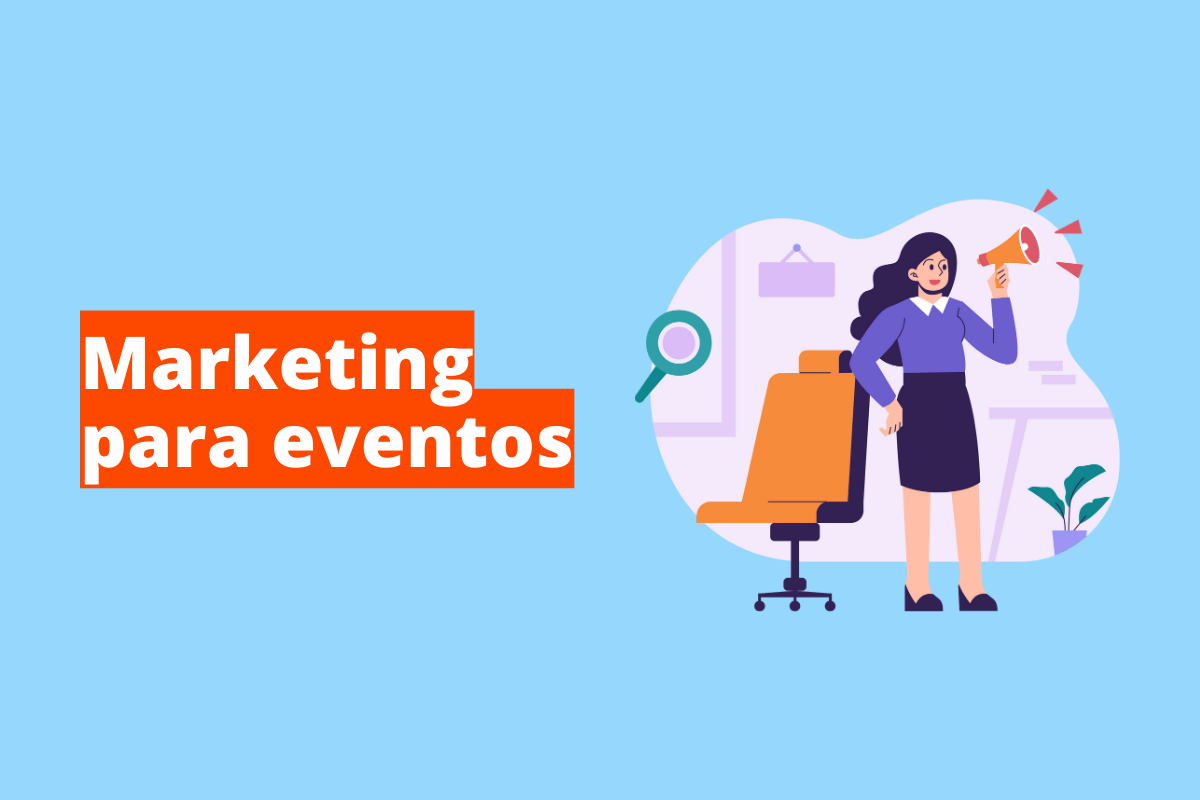 Montagem com fundo azul e frase Marketing para eventos escrita em branco à esquerda com fundo laranja e símbolo web que representa o tema à direita