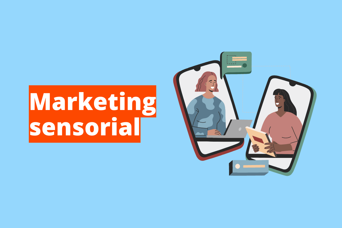 Montagem com fundo azul e frase Marketing sensorial escrita em branco à esquerda com fundo laranja e símbolo web que representa o tema à direita