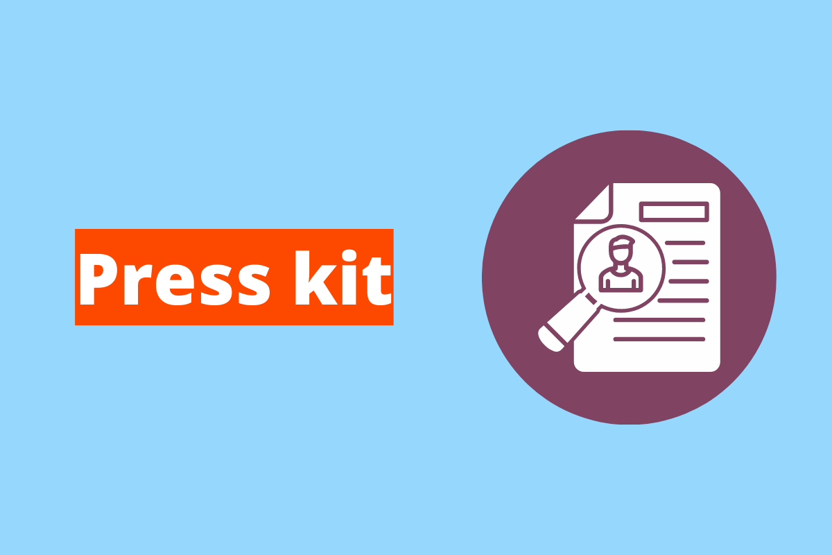 Montagem com fundo azul e frase Press Kit escrita em branco à esquerda com fundo laranja e símbolo web que representa o tema à direita