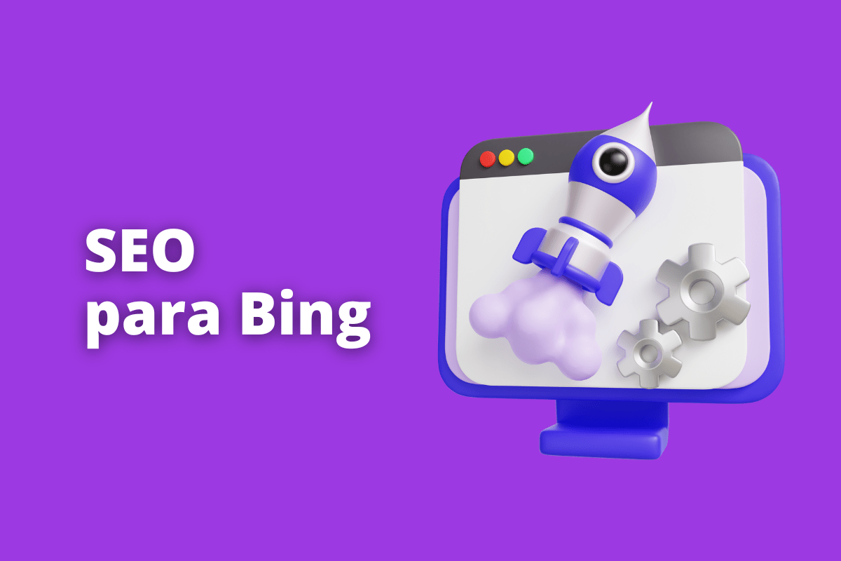 Montagem com fundo lilás e frase SEO para Bing em branco com símbolo web à direita que representa o tema