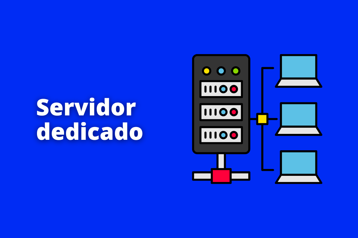 Montagem com fundo azul e frase Servidor dedicado em branco com símbolo web à direita que representa o tema