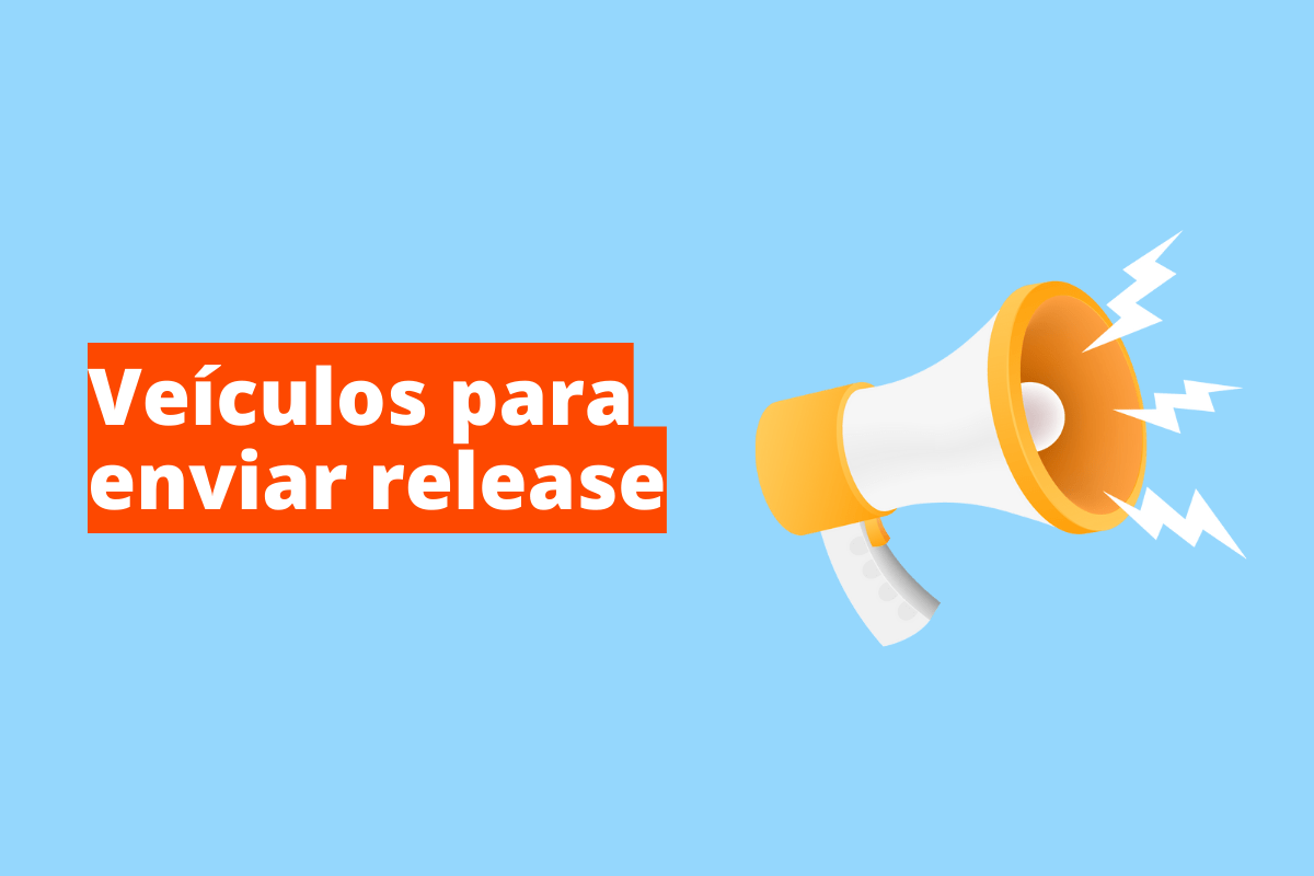 Montagem com fundo azul e frase Veículos para enviar release à esquerda com fundo laranja e símbolo web que representa o tema à direita
