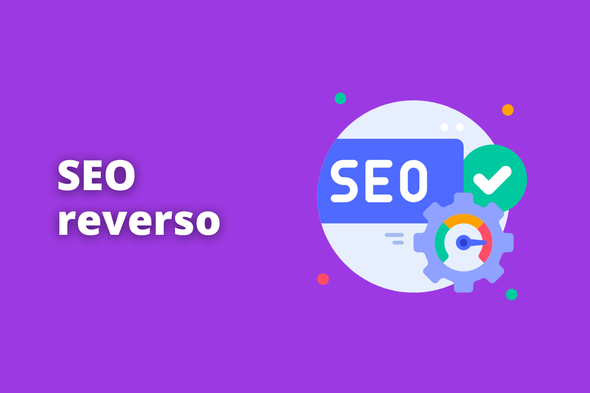 engrenagens com o nome seo em cima. O fundo da imagem é roxo e tem-se escrito seo reverso