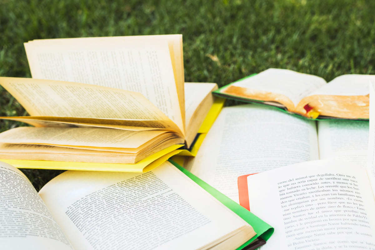 a imagem ilustra alguns livros que podem estar em sites para  resumir textos 