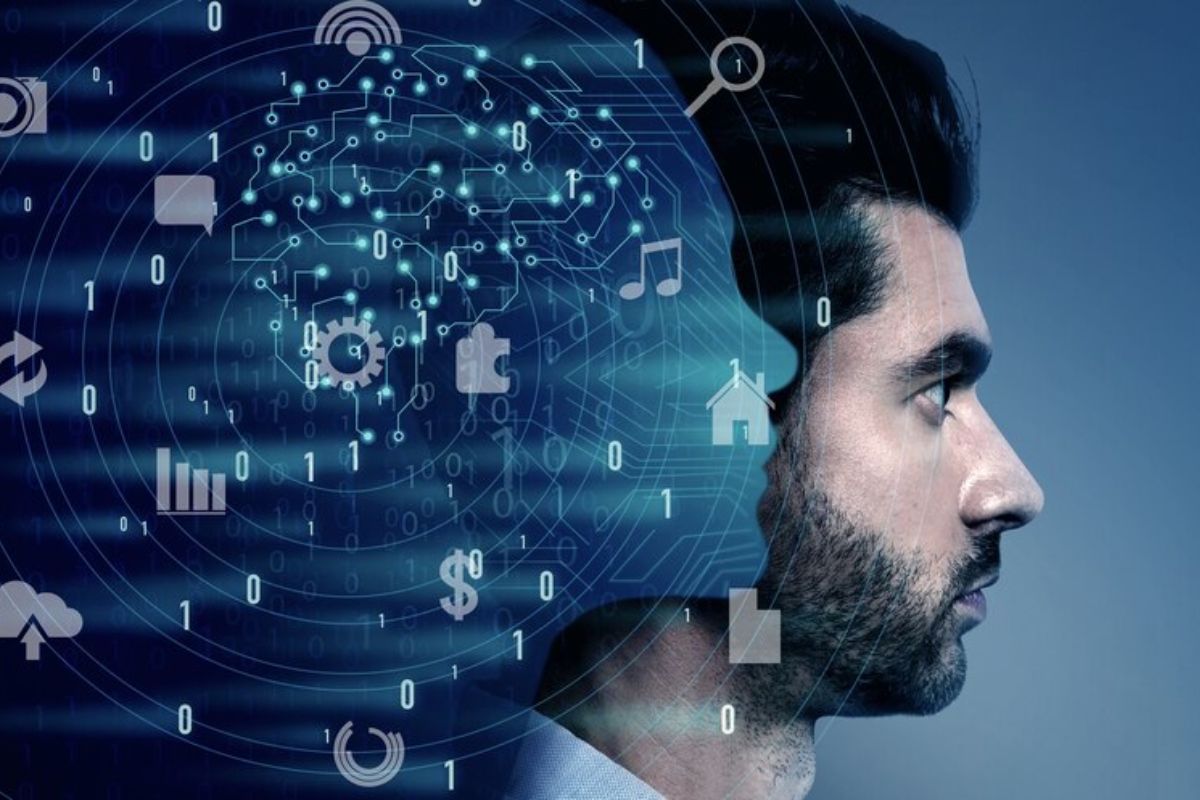 O que é IA generativa e quais são as suas aplicações no marketing? Perfil de um homem com representações digitais de inteligência artificial e dados, destacando o conceito de IA generativa e processamento de informações.