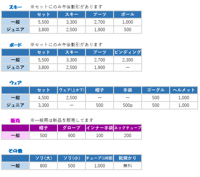 札幌国際スキー場　レンタル等料金表