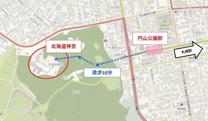 円山公園駅から北海道神宮までの地図