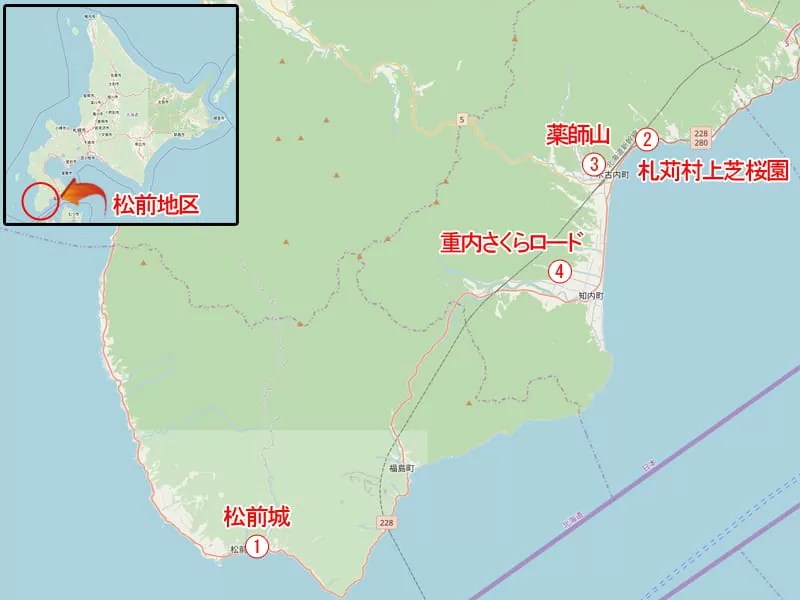 【松前・木古内・知内】桜の名所4選 相関マップ
