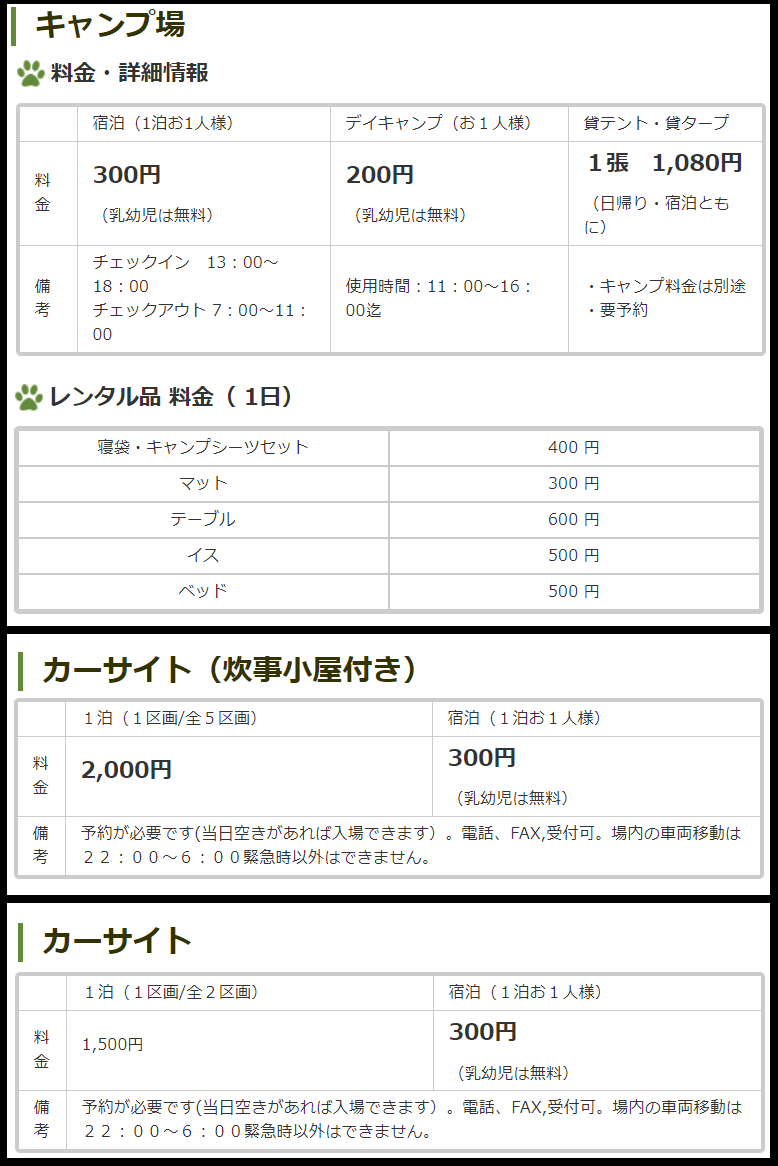 キトウシ森林公園家族旅行村　宿泊費用　料金表