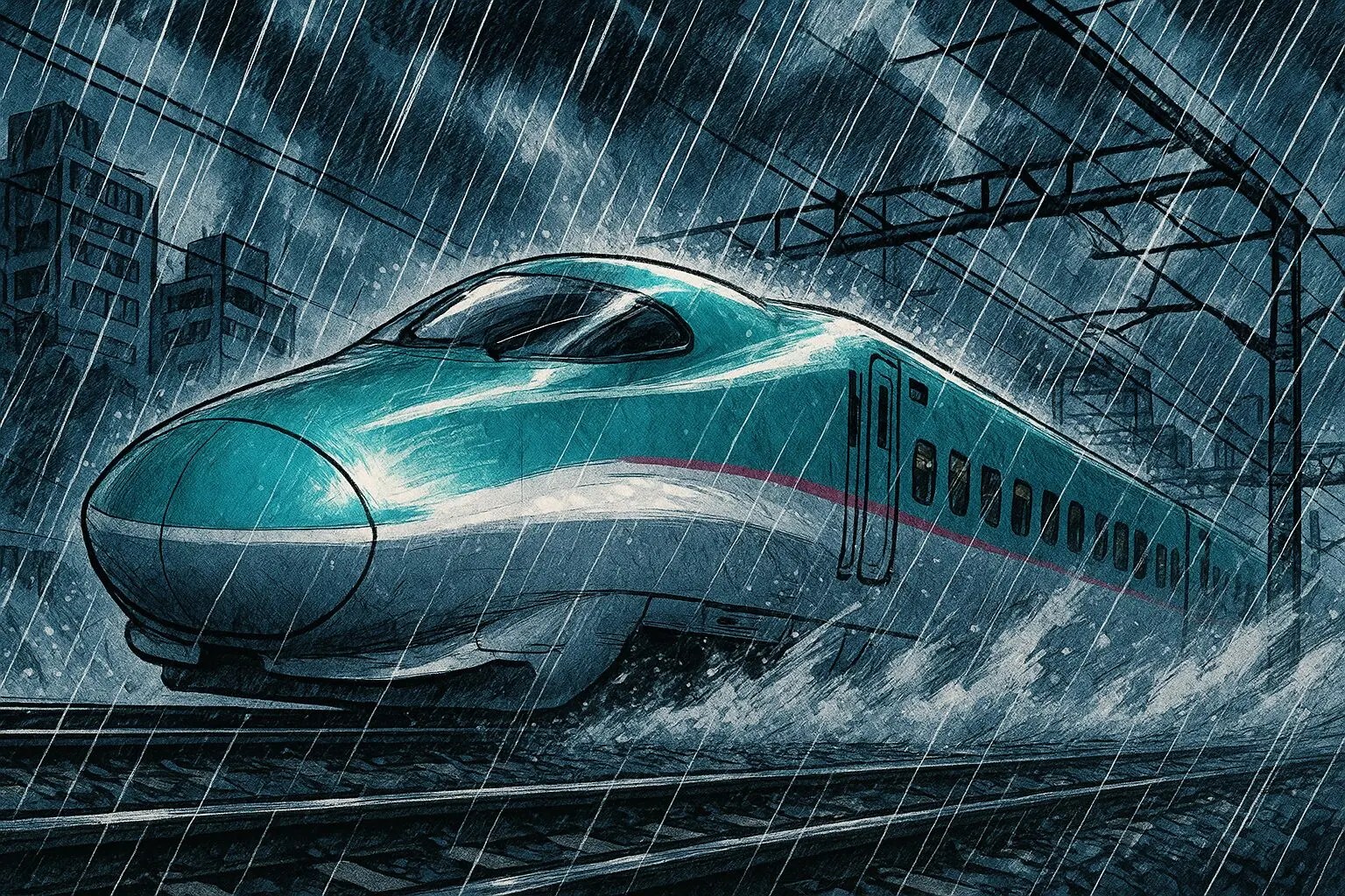 大雨の中走る新幹線
