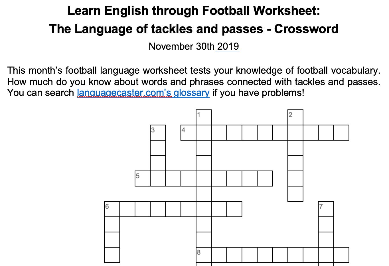 Football Language Crossword The Language Of Passing And Tackling Learn English Through Football