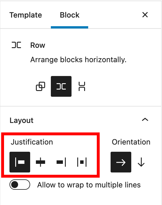 Justification settings for the row block