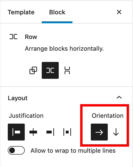 Orientation settings for the row block