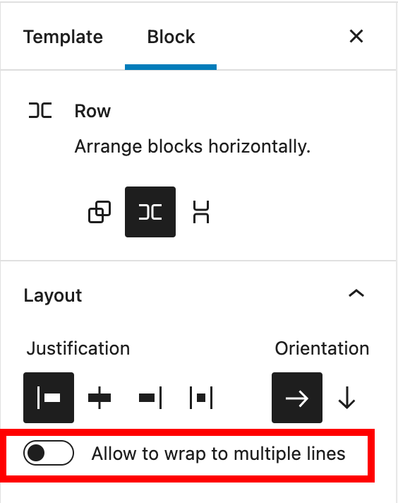 Toggle for wrap settings for the row block