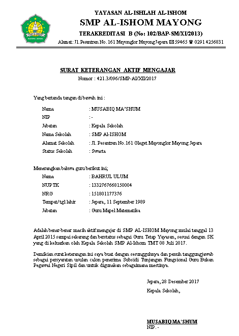 Contoh Surat Keterangan Aktif Mengajar Guru Honorer Nusagates
