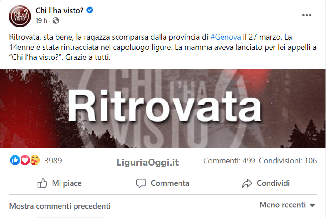 Ritrovata Lorena La Ragazza Di 14 Anni Scomparsa Da Casa A Chiavari Liguria Oggi