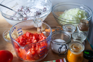 marinated chicken, onions, tomatoes, and spice