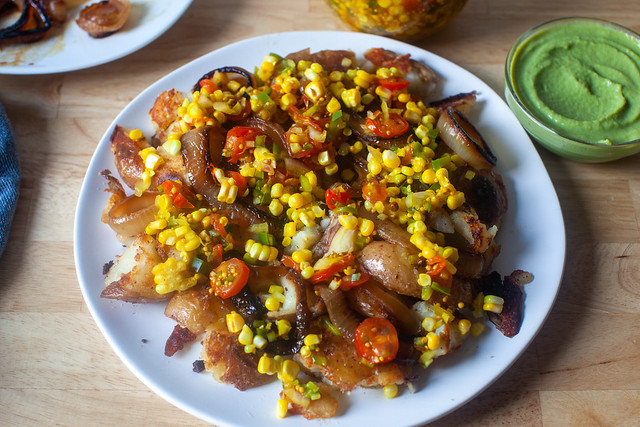 smashed potatoes with sweet corn relish