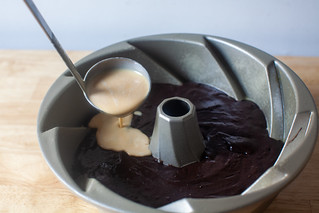 gently ladle flan batter over